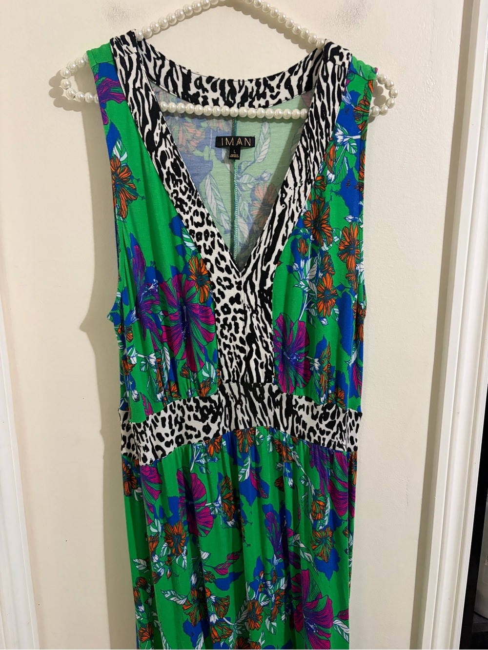IMAN Green Floral V-Neck Maxi Dress with Animal Trim Size Large